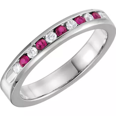0.25ct Channel Set Diamond and Ruby Band In 14k White Gold.