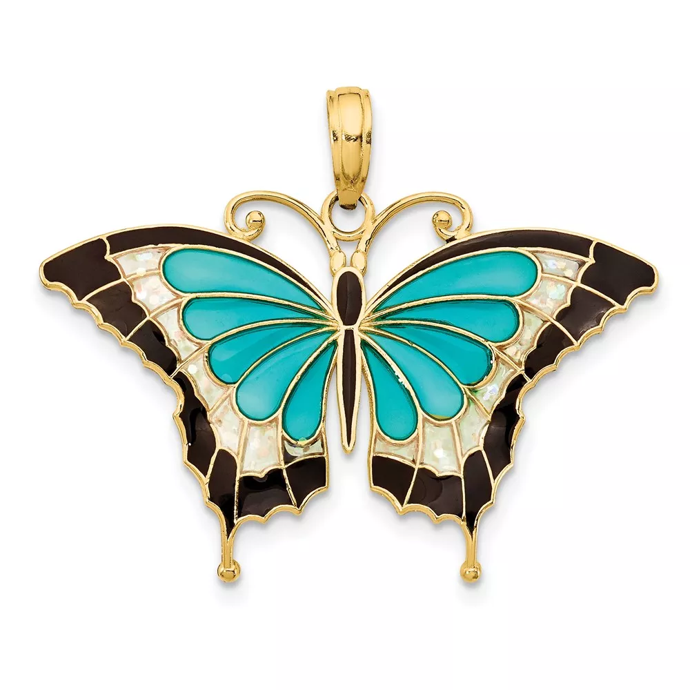 10K Aqua Enameled Butterfly Pendant