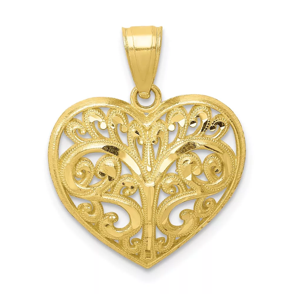 10K Diamond-cut Filigree Heart Charm