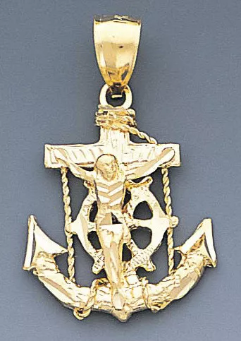 10k Gold Diamond Cut Jesus Cross And Anchor Pendant 22mx22m