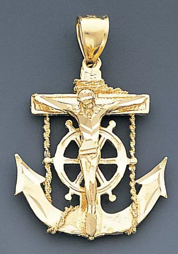 10k Gold Diamond Cut Jesus Cross And Anchor Pendant 31mX32m