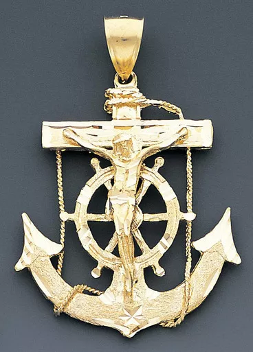 10k Gold Diamond Cut Jesus Cross And Anchor Pendant 52mX50m