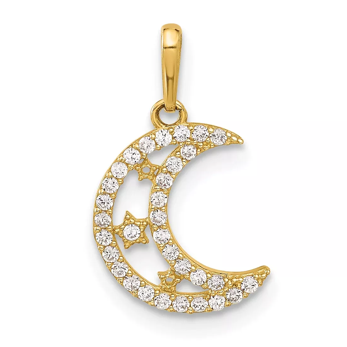 10K Polished Clear CZ Moon and Stars Charm