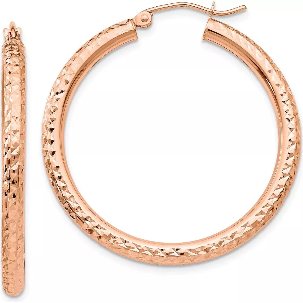 10K Rose Gold 3mm Diamond-Cut Round Hoop Earrings - Elegant Polished Finish, 35mm Length by Oro Pregiato