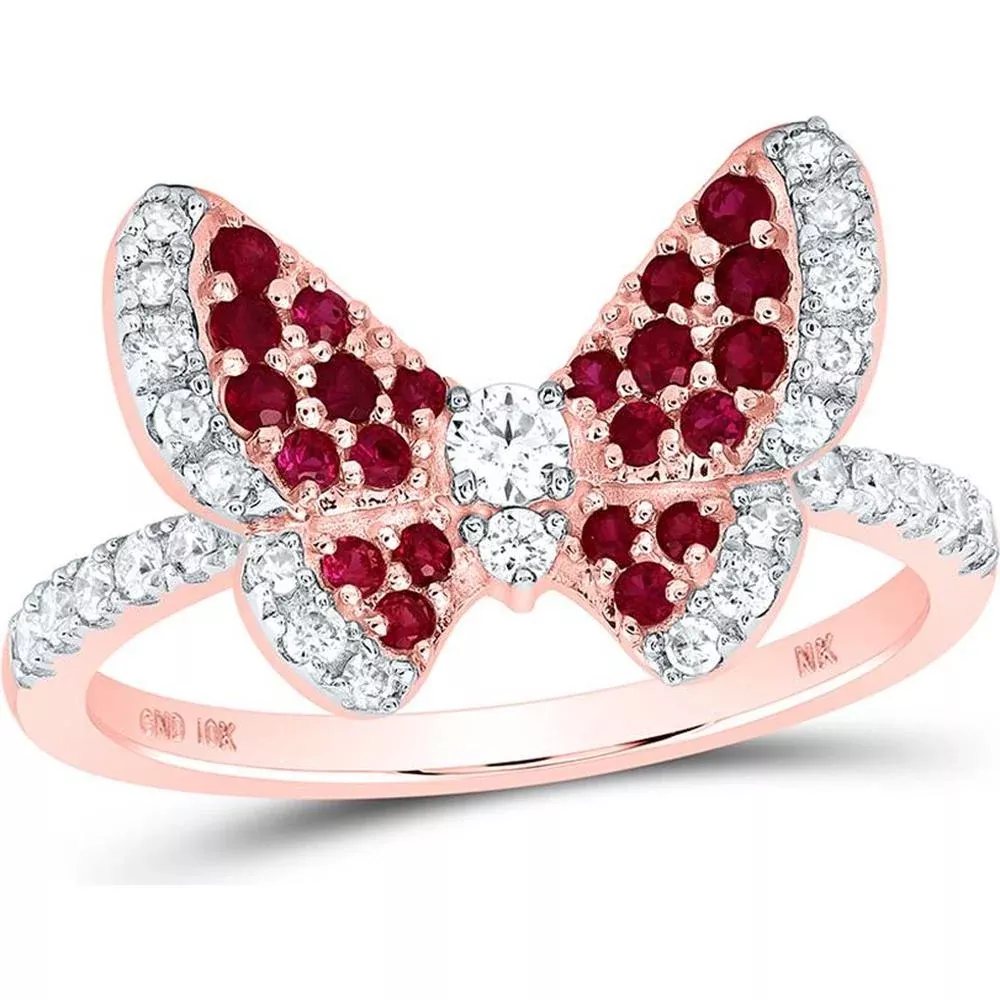 10K Rose Gold Butterfly Ring with Round Ruby and Diamond - 5/8 Carat Total Gem Weight