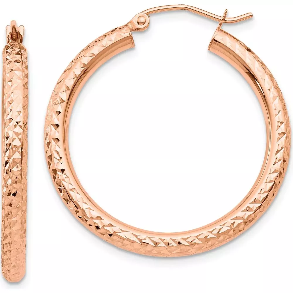 10K Rose Gold Diamond-Cut 3mm Round Hoop Earrings - 30mm Length by Oro Pregiato