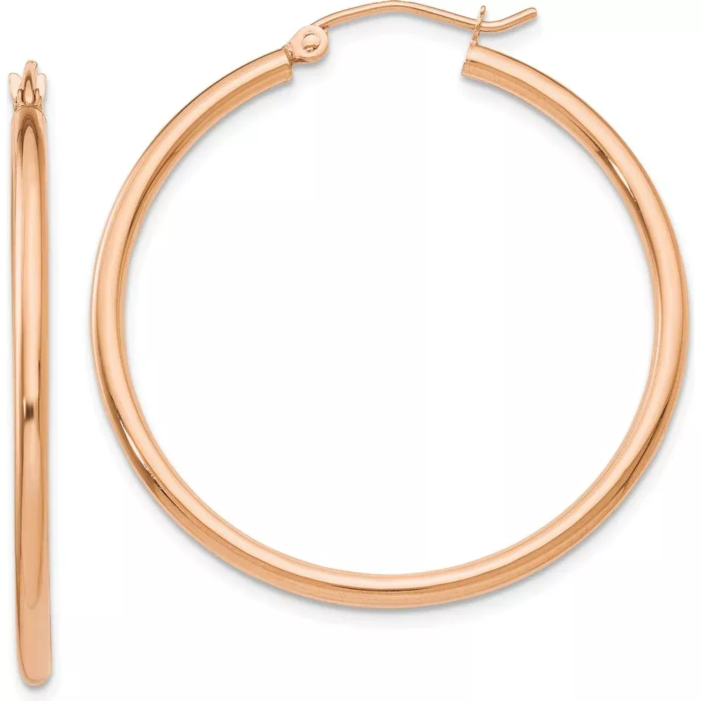 10K Rose Gold Polished 2mm Lightweight Tube Hoop Earrings - 35mm Length by Oro Pregiato