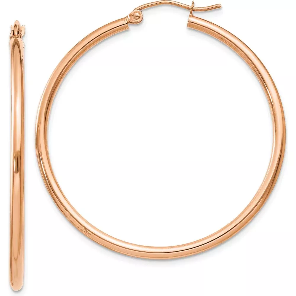 10K Rose Gold Polished 2mm Lightweight Tube Hoop Earrings - 40mm Length by Oro Pregiato