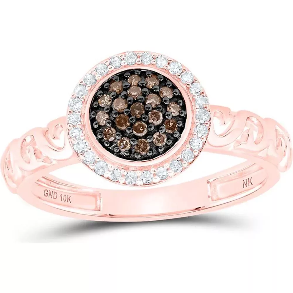 10K Rose Gold Round Brown Diamond Cluster Ring with Diamond Halo - 1/4 Carat Total Diamond Weight
