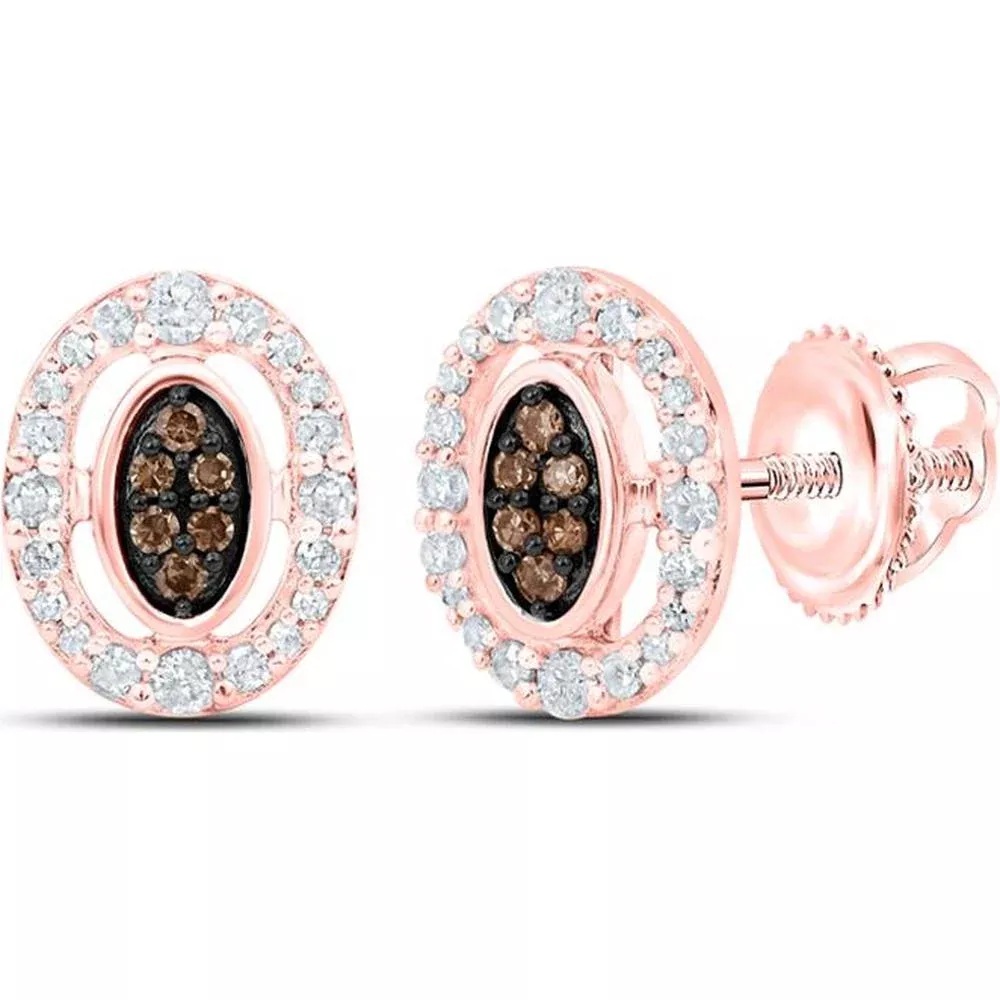 10K Rose Gold Round Brown and White Diamond Oval Earrings - 1/4 Carat Total Diamond Weight