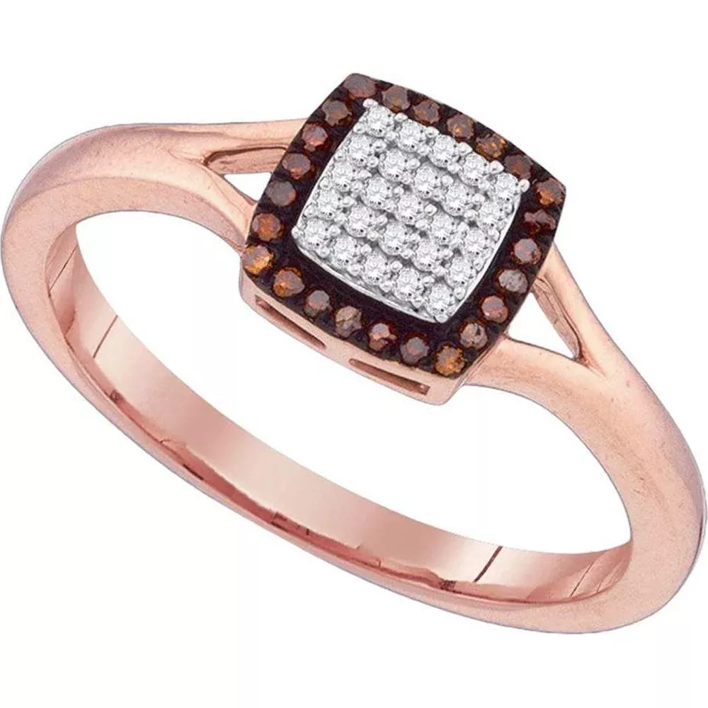 10K Rose Gold Square Ring with Round Red and White Diamonds - 1/8 Carat Total Diamond Weight
