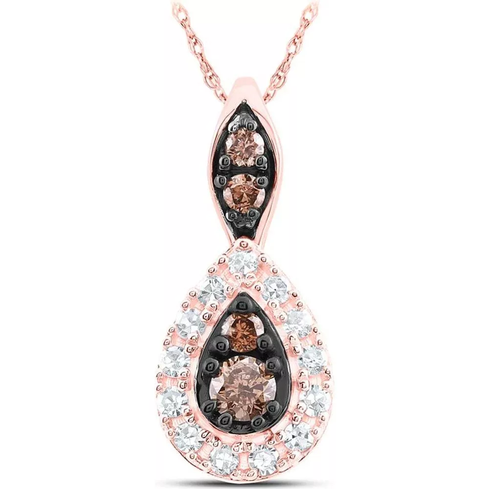 10K Rose Gold Teardrop Pendant with Brown and White Round Diamonds - 1/5 Carat Total Diamond Weight