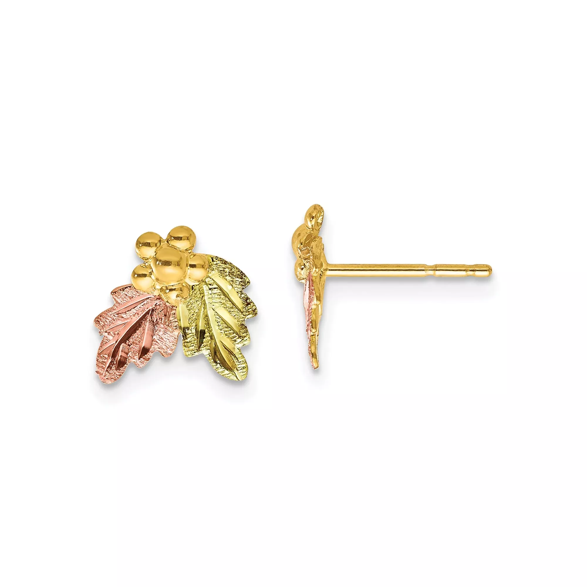 10k Tri-Color Gold Stud Earrings with Leaf and Grape Cluster Design for Women