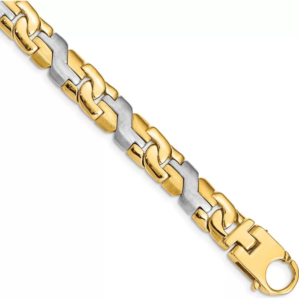 10K Two-Tone 8.8mm Satin & Hand Polished Fancy Link Bracelet - Solid Gold Unisex Design, 9" Length by Oro Pregiato