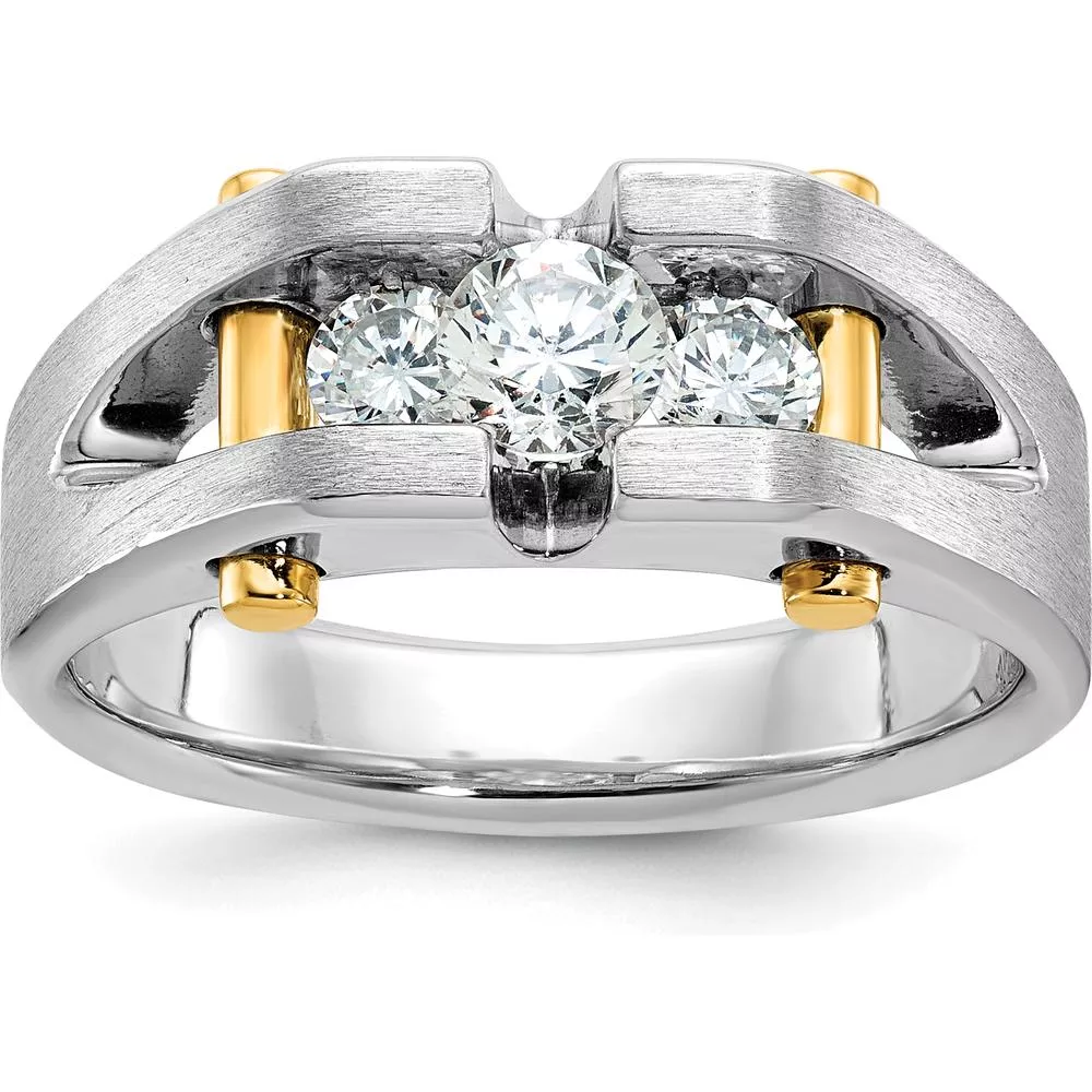 10K Two-Tone Gold 3-Stone Diamond Men's Ring with Polished Satin Finish - 3/4 Carat Total Diamond Weight by IBGoodman