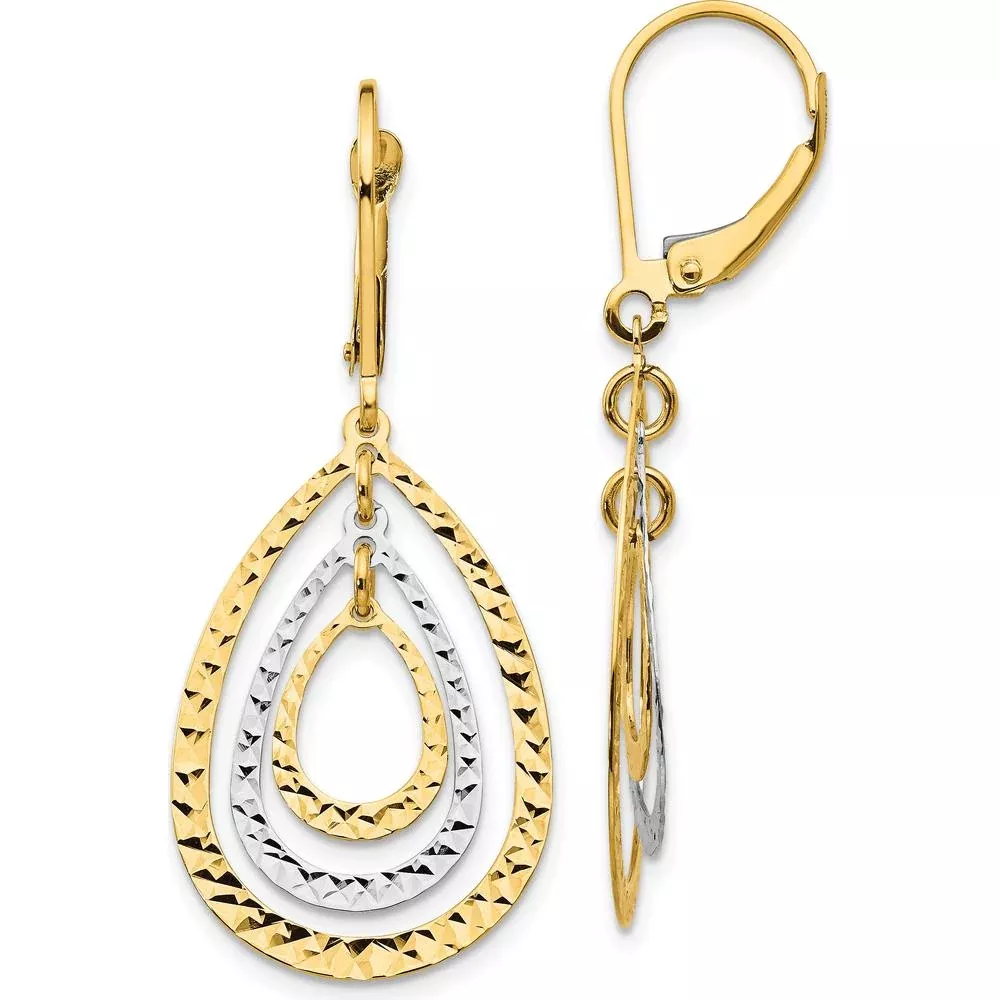 10K Two-Tone Gold Diamond Cut Leverback Drop Earrings by Oro Pregiato