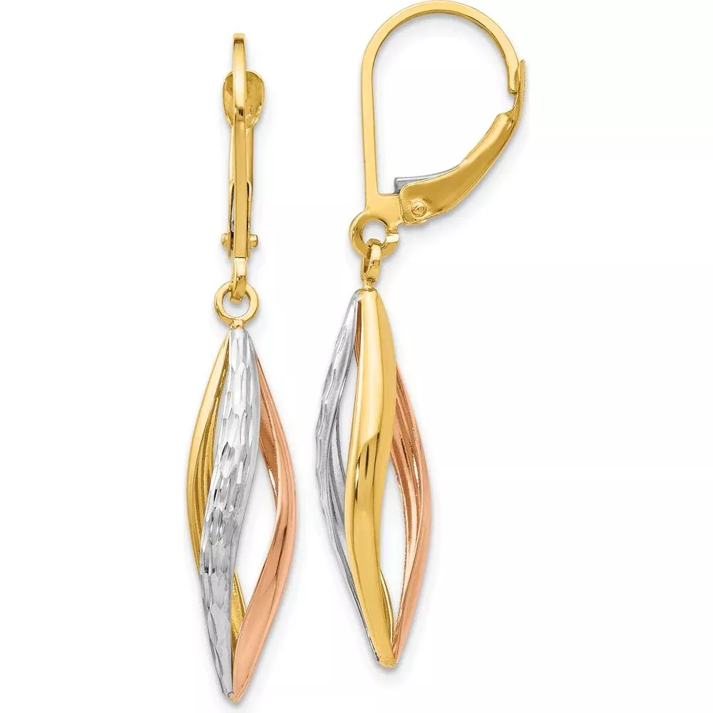 10K Two-Tone Gold Leverback Diamond-Cut Drop Earrings with Rhodium Accents by Oro Pregiato