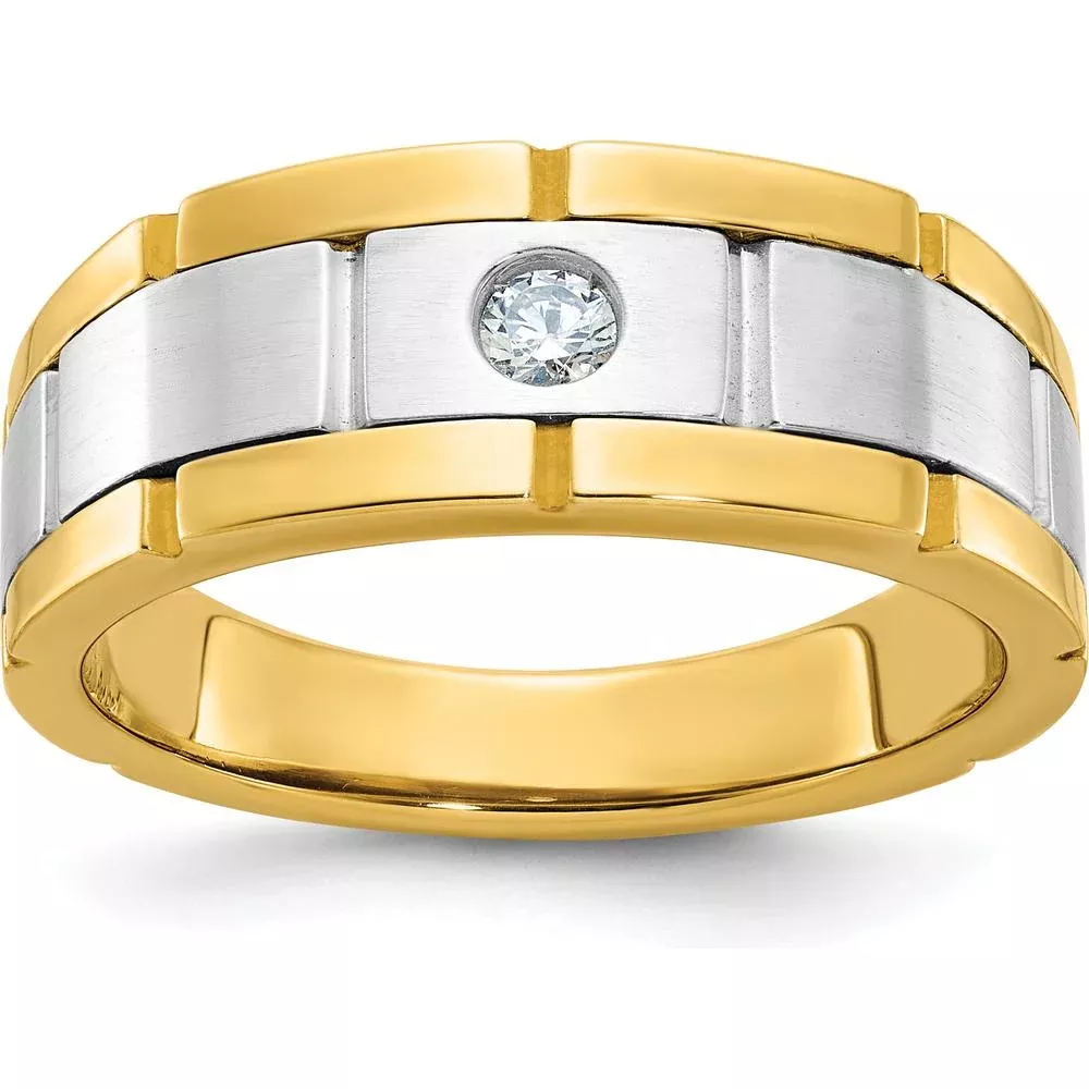 10K Two-Tone Gold Men's Polished Satin Grooved Diamond Ring with Round Diamond - 0.103 Carats Total Diamond Weight by IBGoodman
