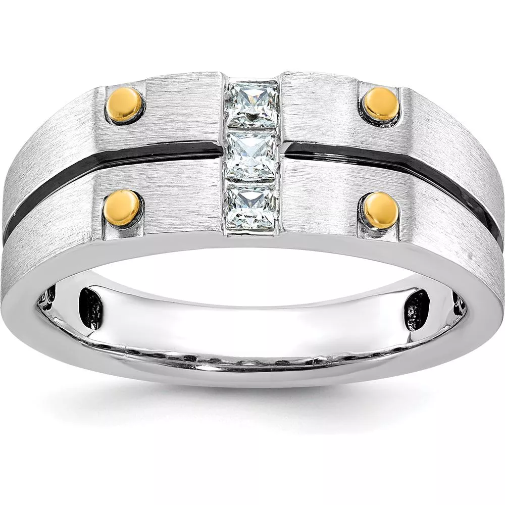 10K Two-Tone Gold Men's Ring with 3 Square White Diamonds - 0.1 Carats Total Diamond Weight by IBGoodman
