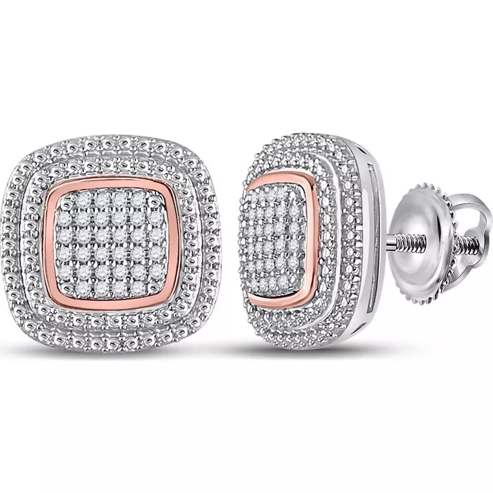 10K Two-Tone Gold Round Diamond Square Cluster Stud Earrings - 1/6 Carat Total Diamond Weight