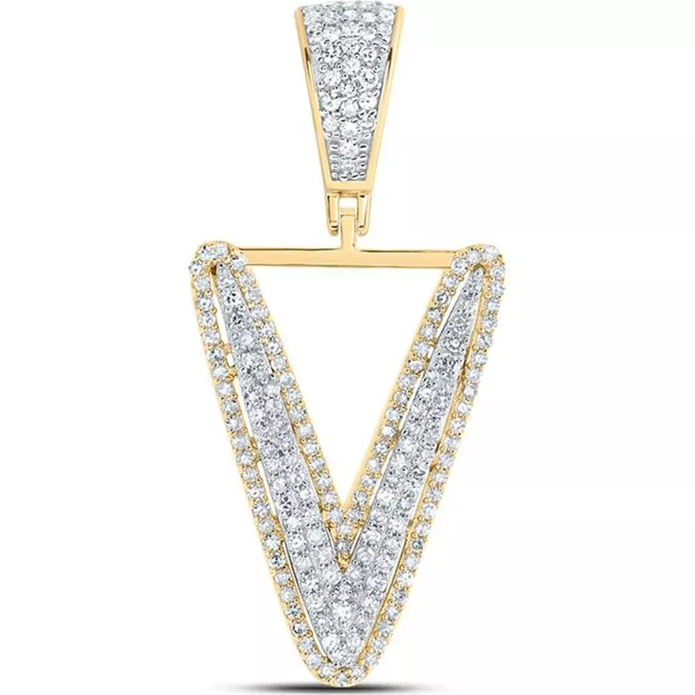 10K Two-Tone Gold Round Diamond V Initial Letter Charm Pendant - 5/8 Carat Total Diamond Weight