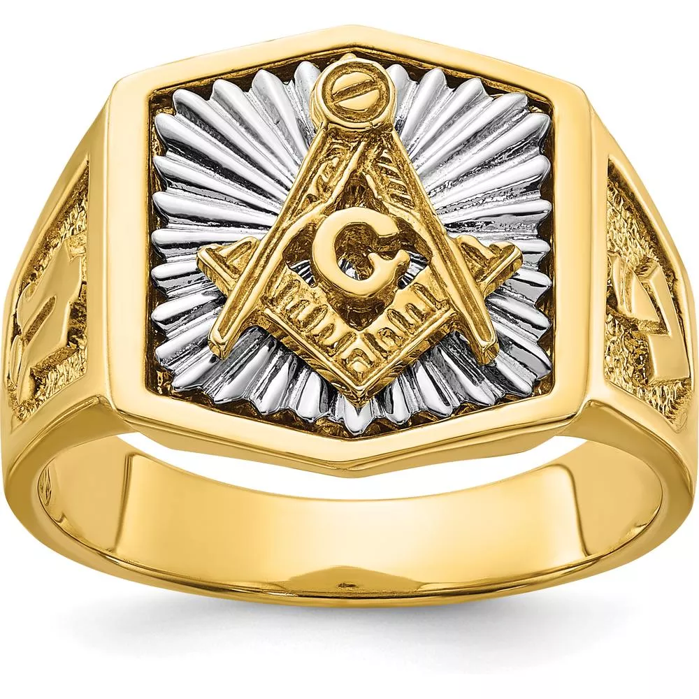10K Two-Tone Men's Polished and Textured Sun Ray Lodge Master Masonic Ring - 15.7mm Band Width by IBGoodman