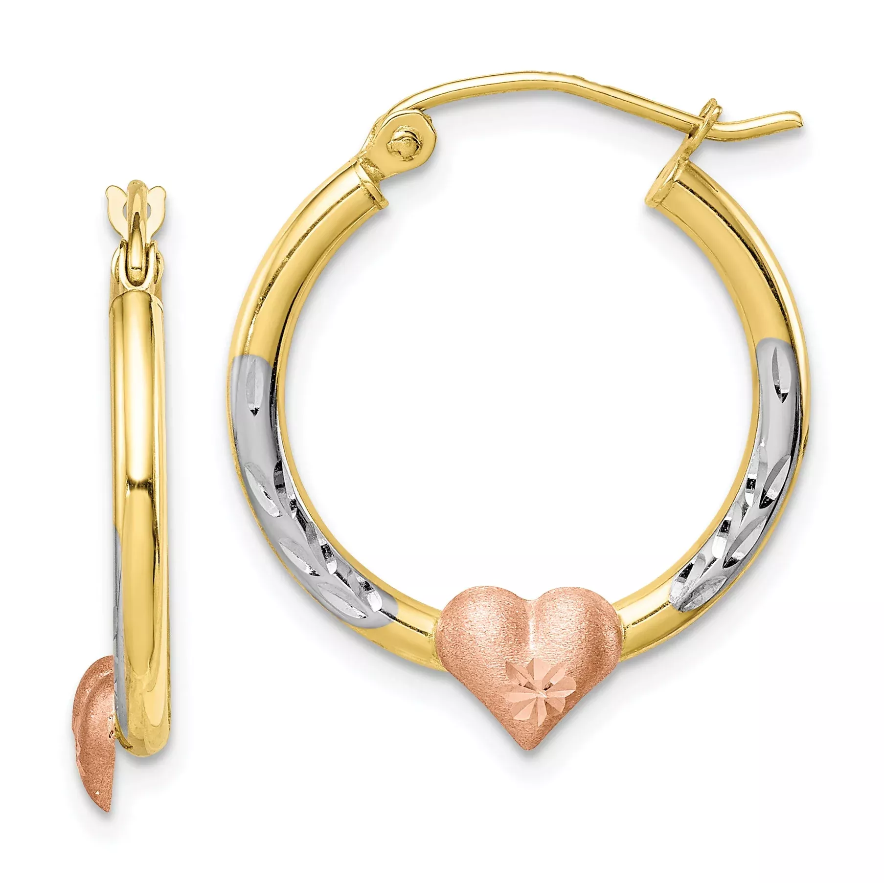 10K Two-Tone & White Rhodium D /C Heart Hoop Earrings