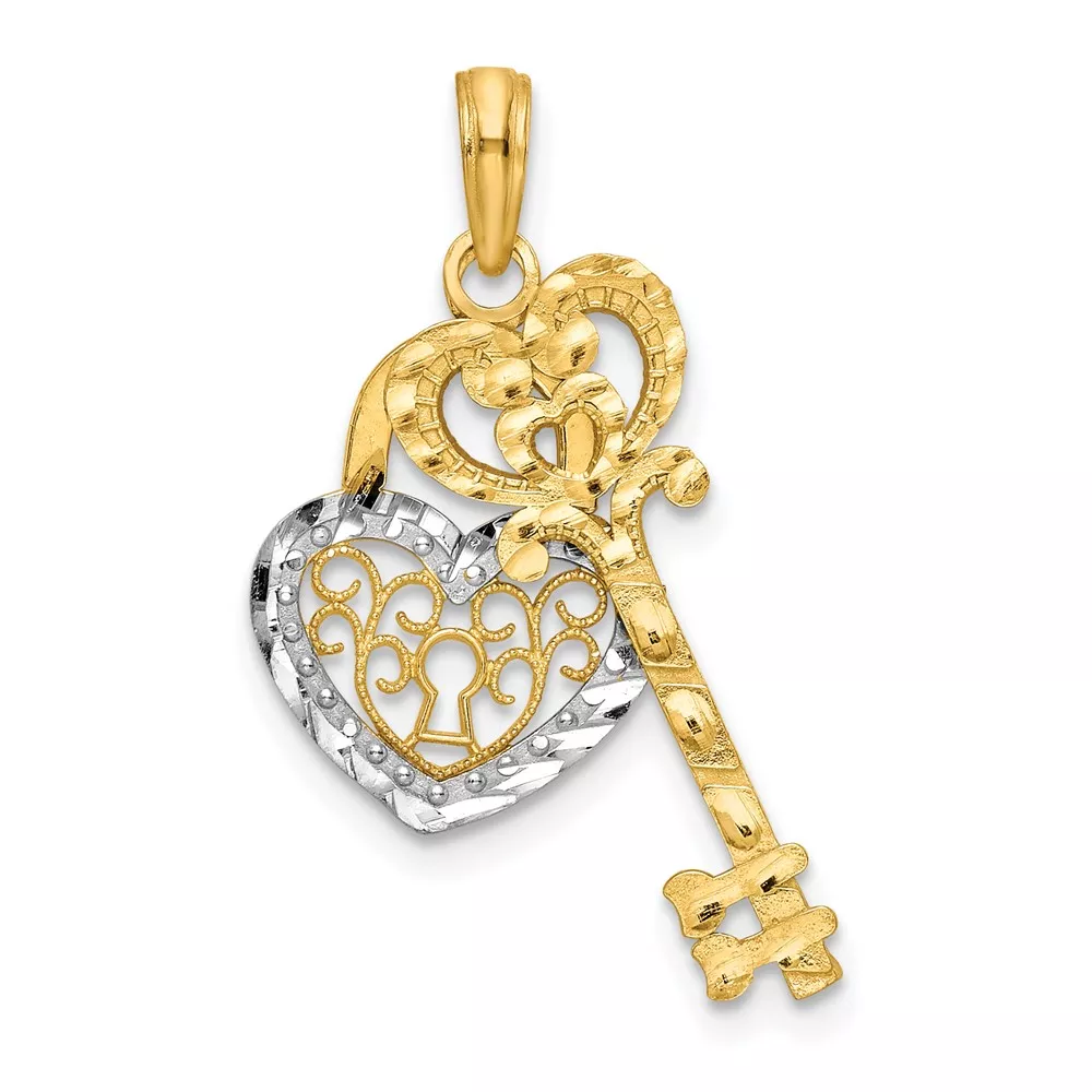 10k & w/Rhodium Filigree Heart Lock and Key Pendant