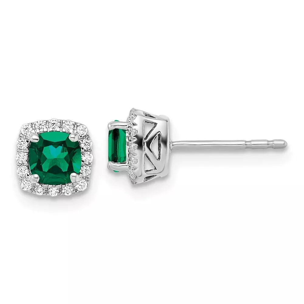 10k White Gold 1 /10 Ct. Lab Grown Diamond VS /SI+ G+ and Created Emerald Square Halo Post Earrings