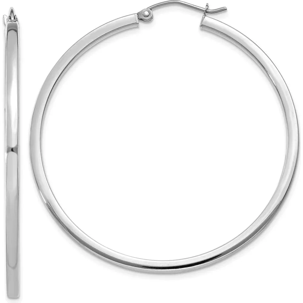 10K White Gold 2mm Square Tube Hoops with Rhodium Plating - 45mm Length by Oro Pregiato