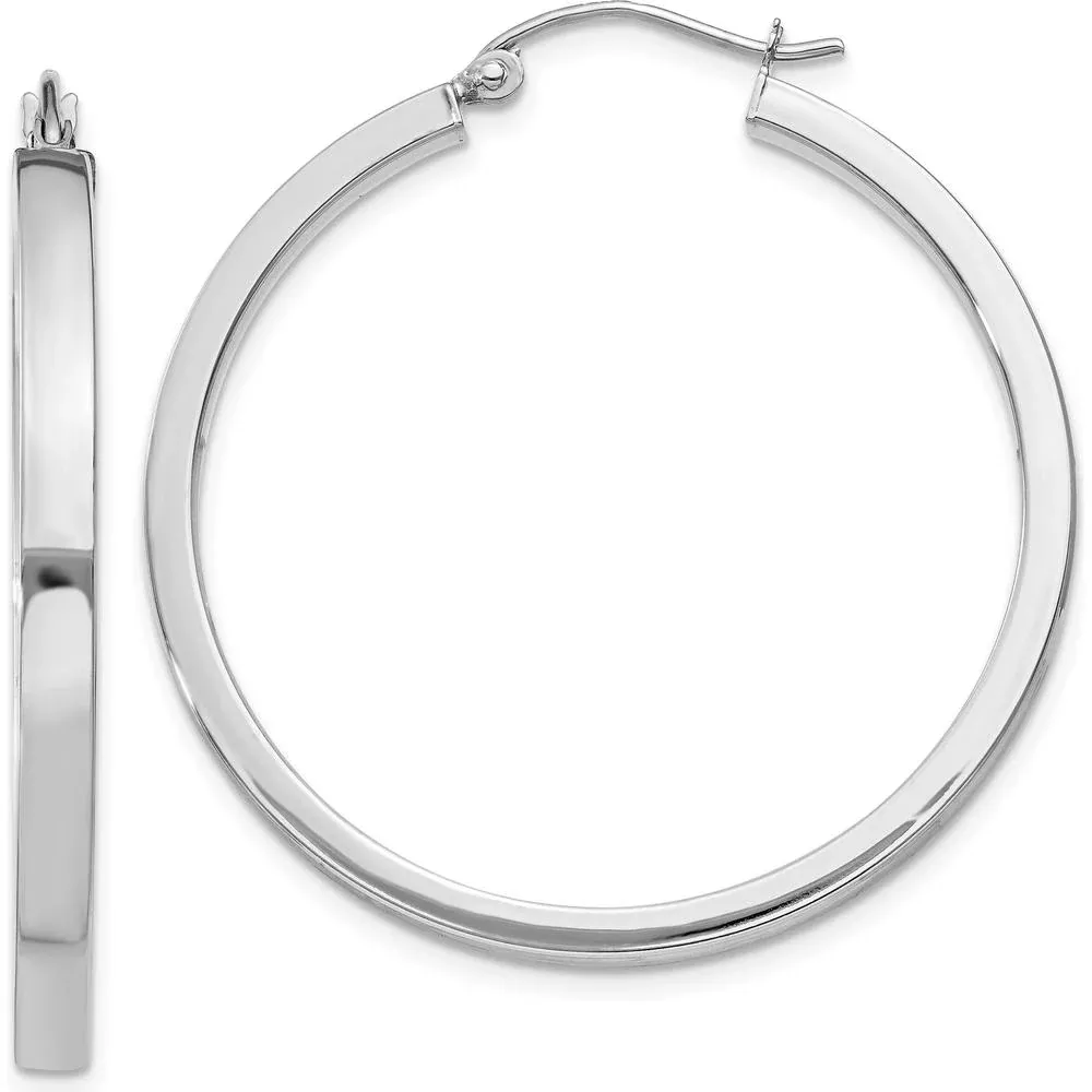10K White Gold 34mm Rectangle Tube Hoop Earrings with Rhodium Plating by Oro Pregiato