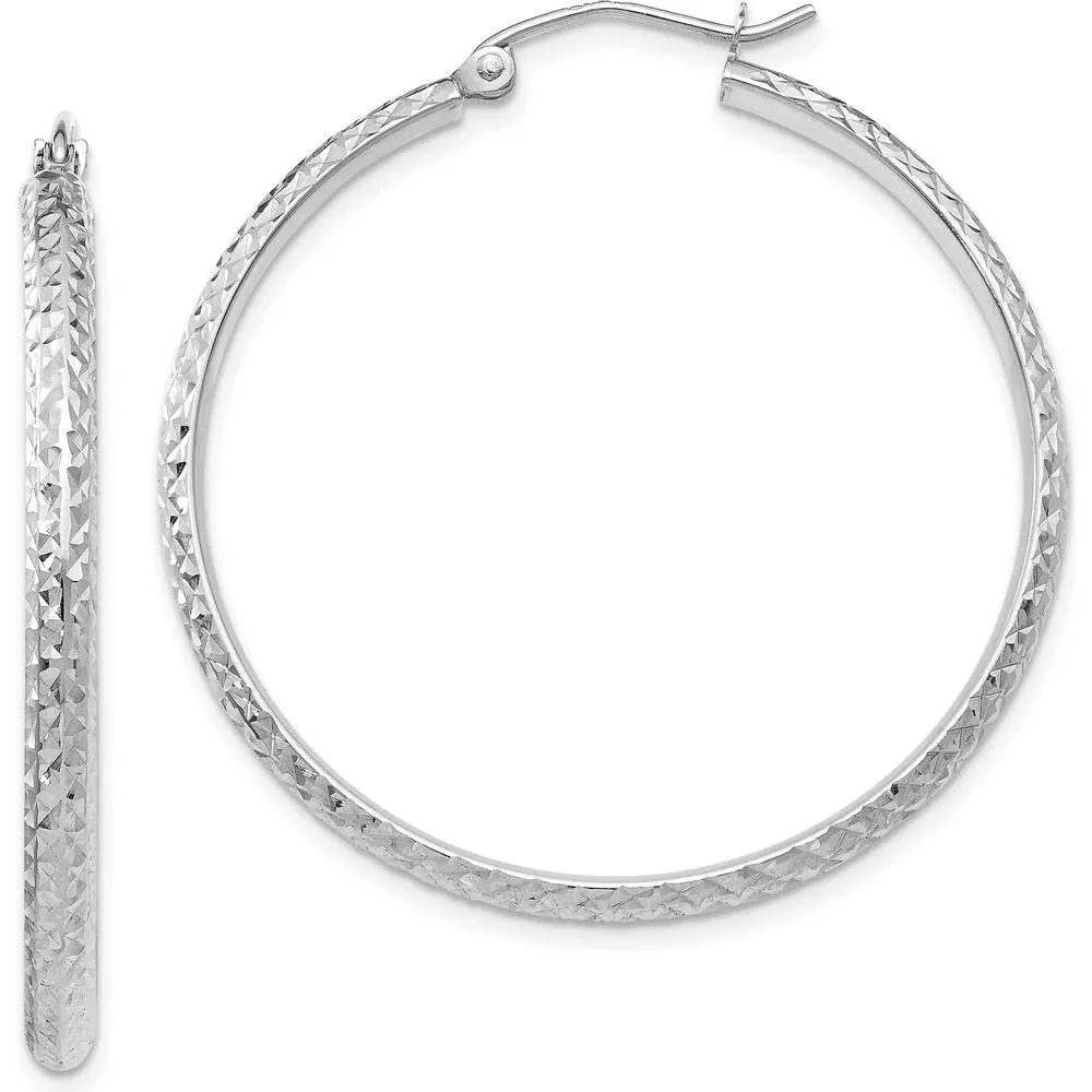 10K White Gold 37mm Diamond-Cut Hollow Hoop Earrings with Polished Finish by Oro Pregiato