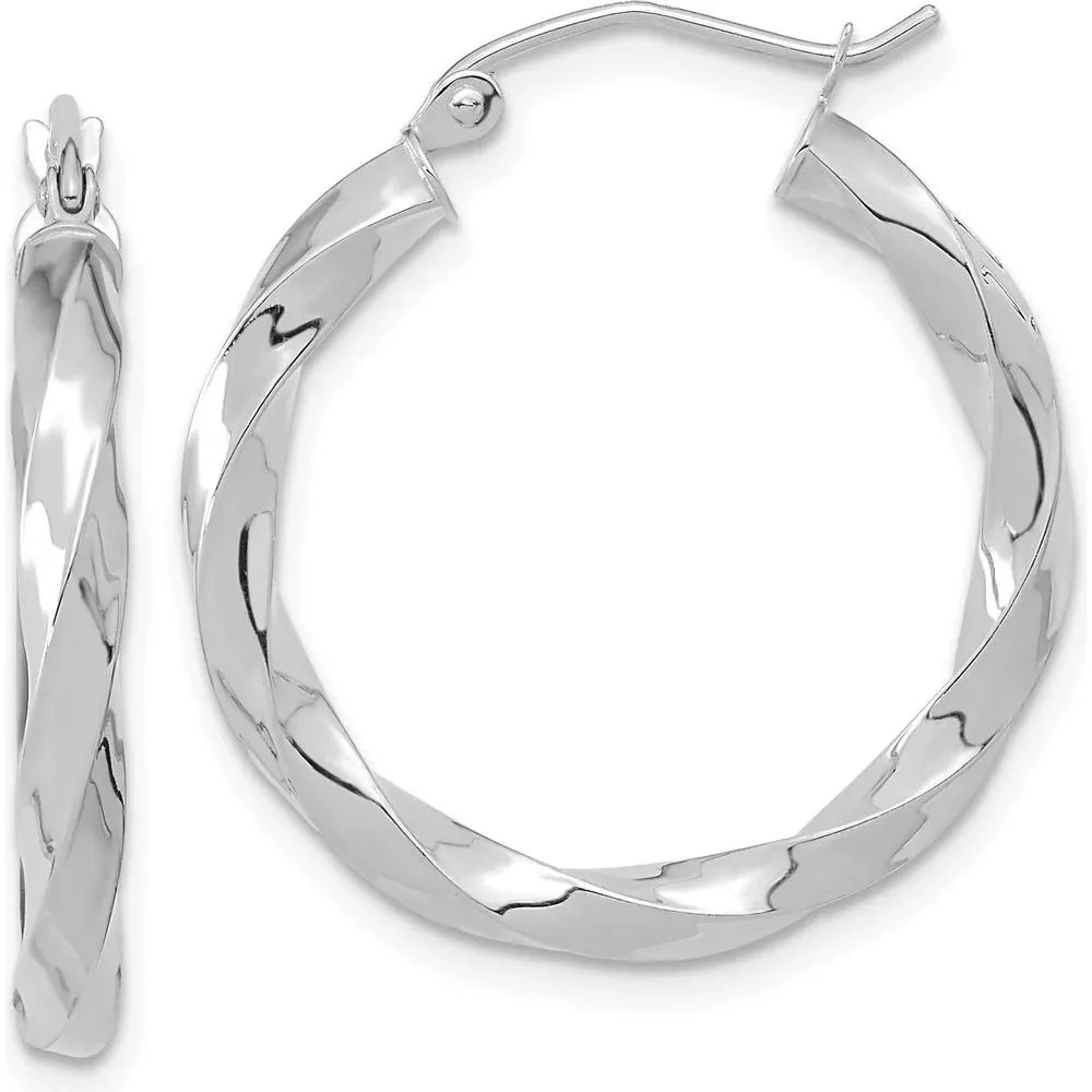 10K White Gold 3mm Twisted Hoop Earrings - Polished Finish by Oro Pregiato