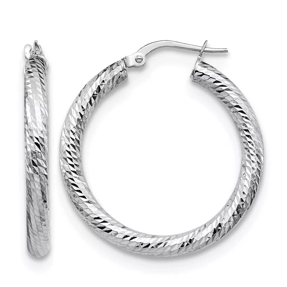 10K White Gold 3X20 D /C Round Hoop Earrings