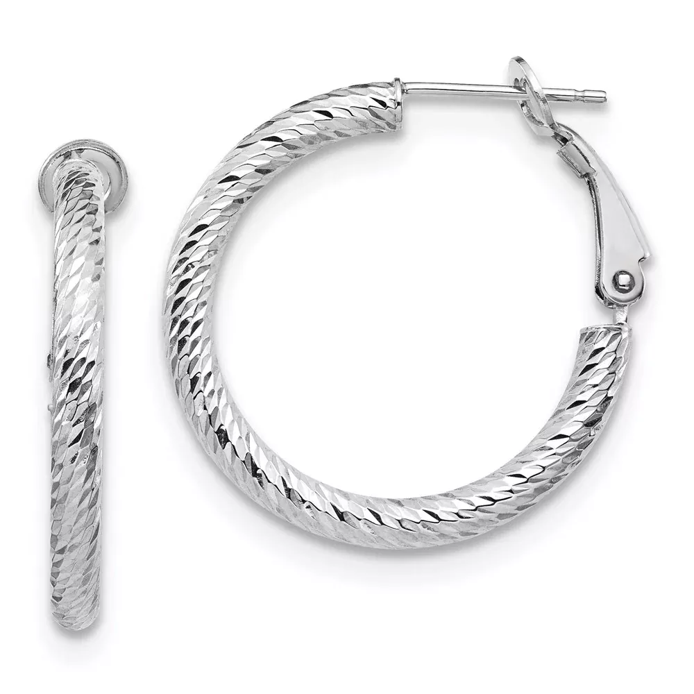10K White Gold 3X20 D /C Round Omega Back Hoop Earrings