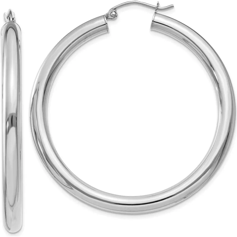 10K White Gold 4mm x 45mm Tube Hoop Earrings - Polished Finish with Rhodium Plating by Oro Pregiato