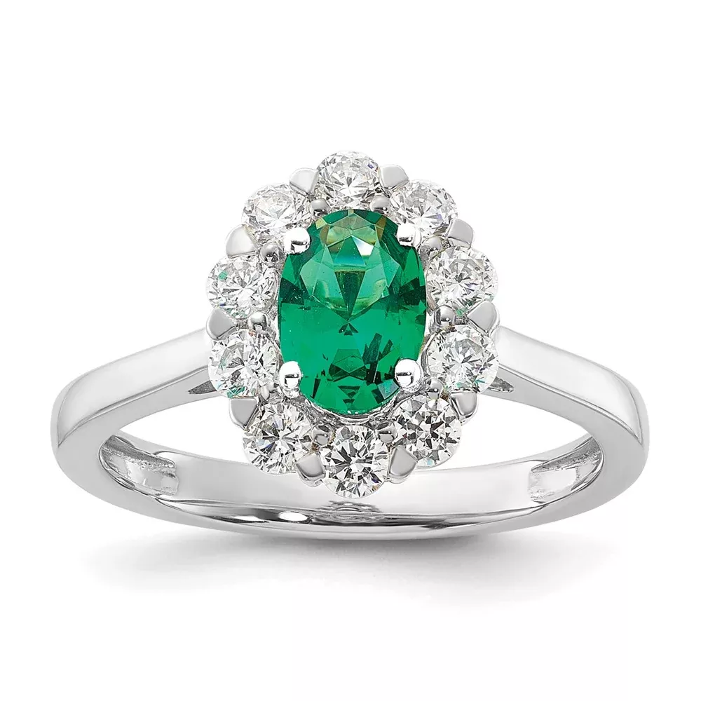 10k White Gold 5 /8 Ct. Lab Grown Diamond VS /SI+ G+ and Oval Lab Created Emerald Halo Fashion Ring