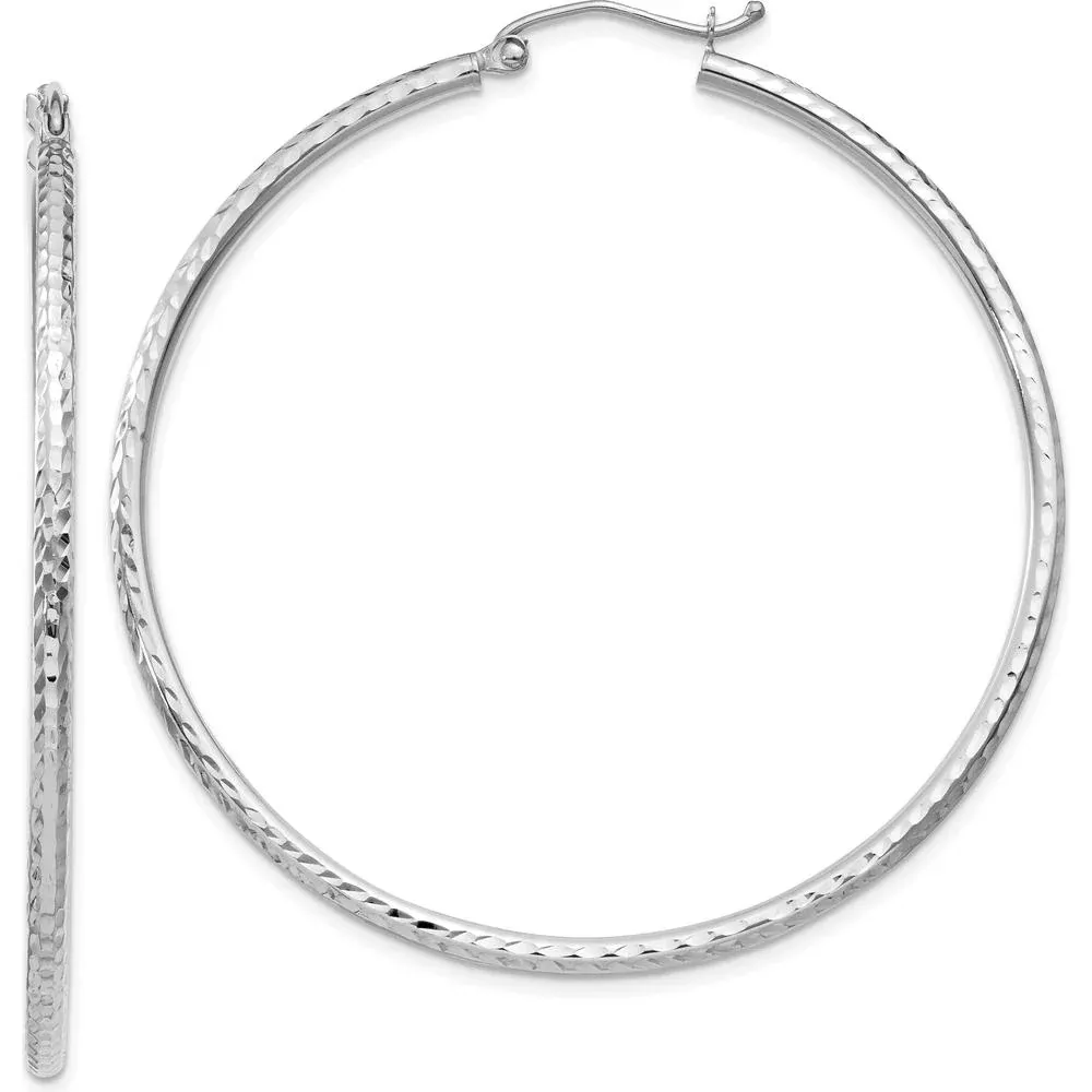 10K White Gold 50mm Large Hoop Earrings with Diamond-Cut Texture and Rhodium Plating by Oro Pregiato