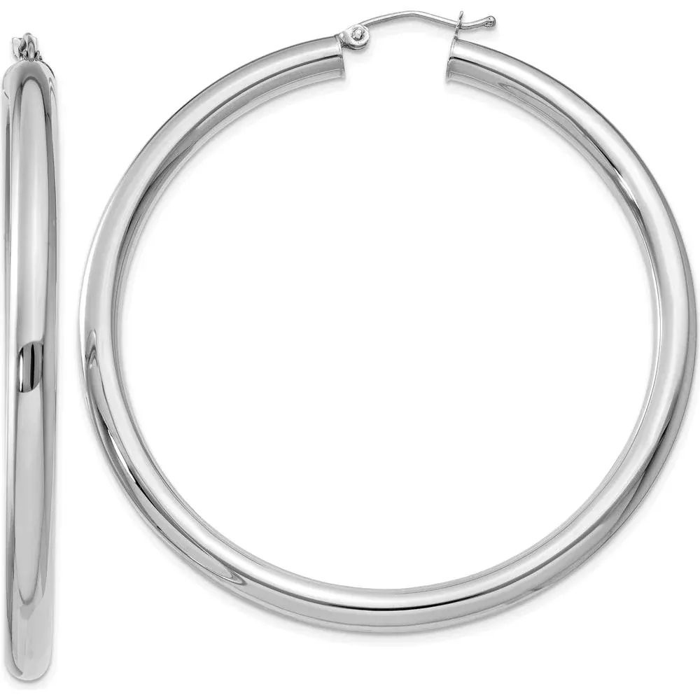 10K White Gold 55mm Tube Hoop Earrings with Polished Finish - 4mm Thickness by Oro Pregiato