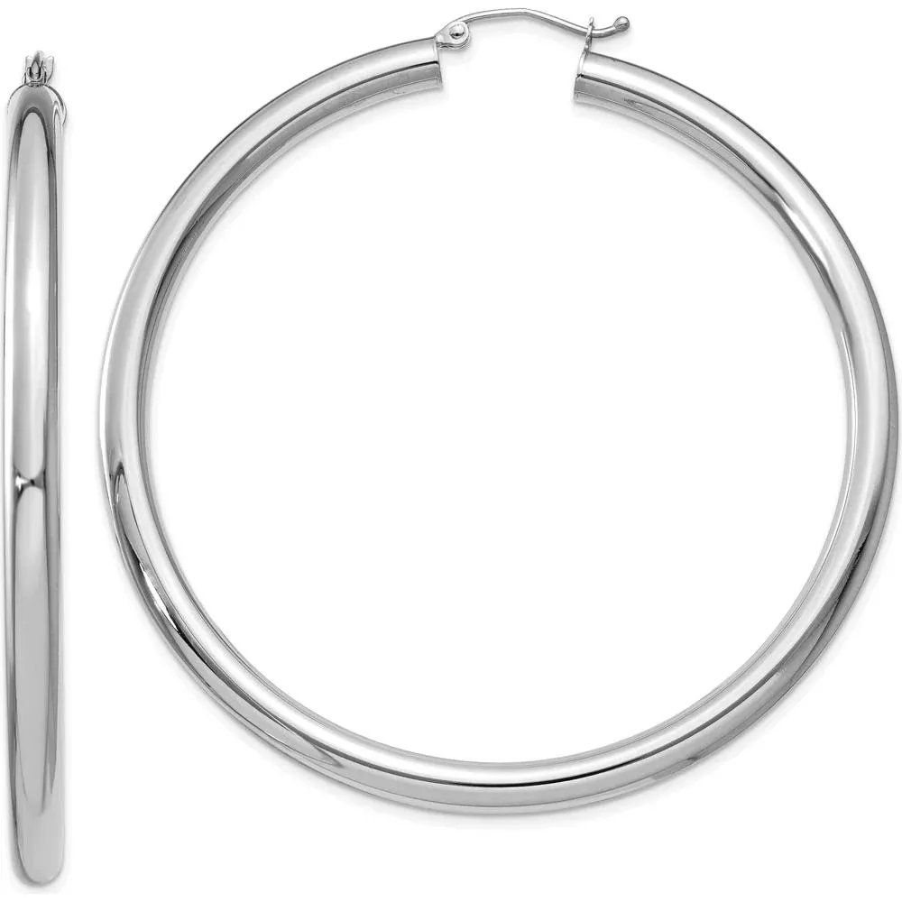 10K White Gold 60mm Tube Hoop Earrings with Polished Finish and Rhodium Plating by Oro Pregiato