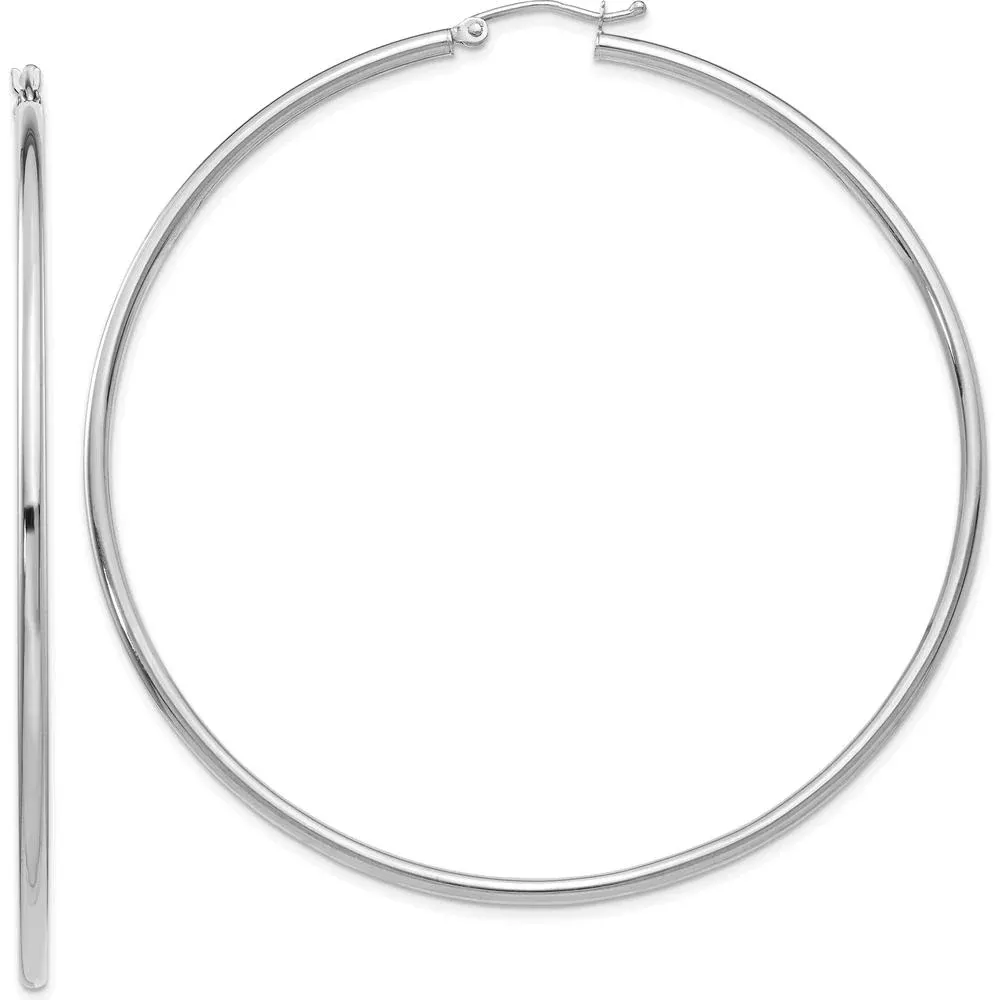 10K White Gold 65mm Polished Tube Hoop Earrings with Rhodium Plating by Oro Pregiato