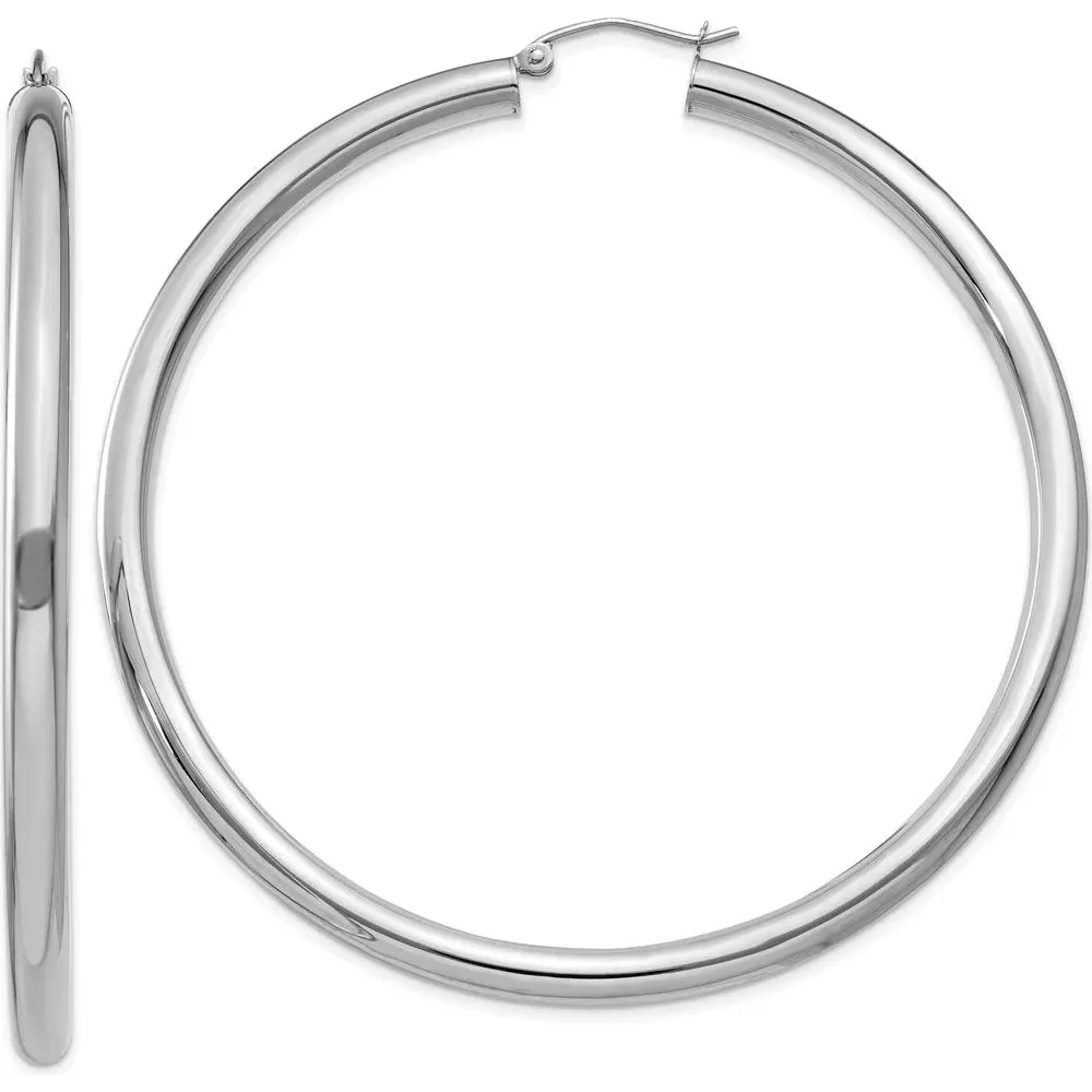 10K White Gold 65mm Tube Hoop Earrings with Polished Finish by Oro Pregiato