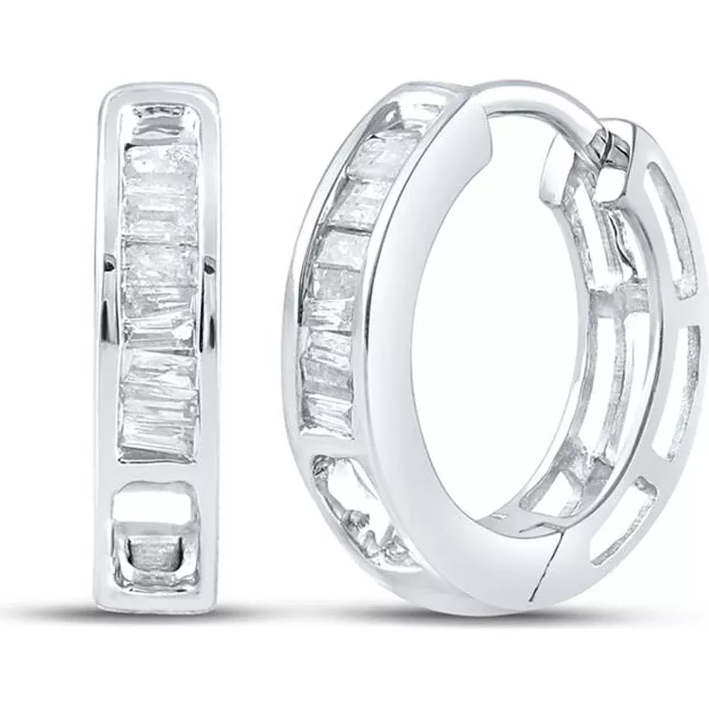 10K White Gold Baguette Diamond Huggie Hoop Earrings - 1/6 Carat Total Diamond Weight