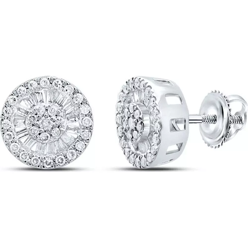 10K White Gold Baguette and Round Diamond Cluster Earrings - 1/3 Carat Total Diamond Weight