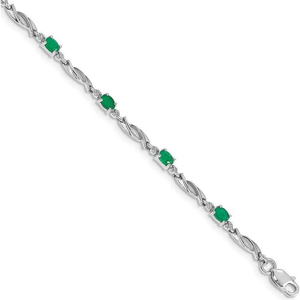 10K White Gold Bracelet with Oval Emeralds and Diamonds - 7.25 inches by Oro Pregiato