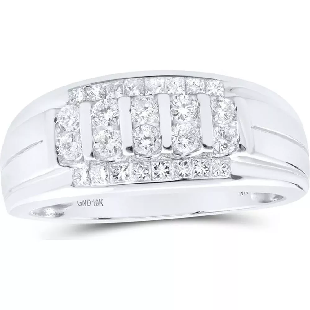 10K White Gold Diamond Band Ring with Round and Princess Cut Diamonds - 3/4 Carat Total Weight