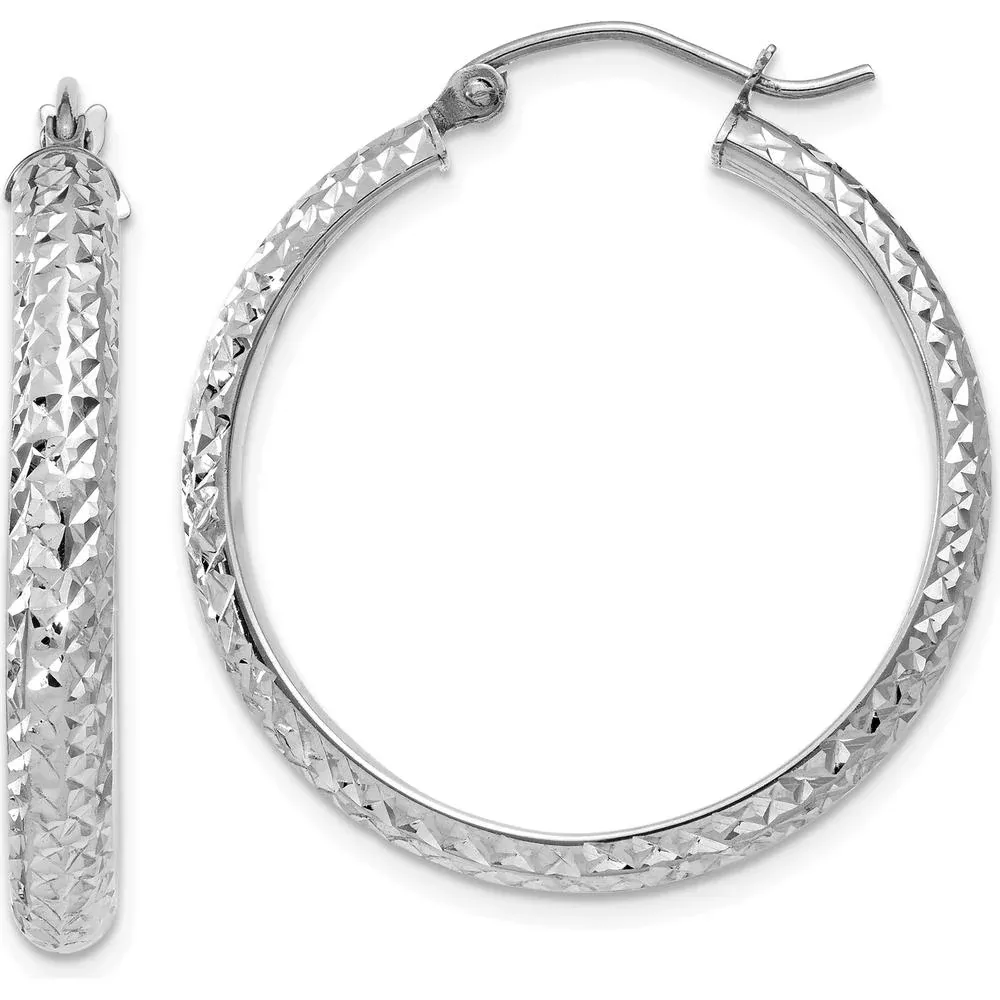 10K White Gold Diamond-Cut 28mm Hollow Hoop Earrings with Rhodium Plating by Oro Pregiato