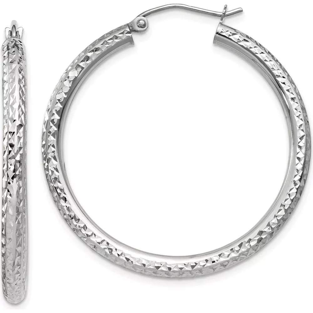 10K White Gold Diamond-Cut 3mm Large Hoop Earrings with Polished Rhodium Finish by Oro Pregiato