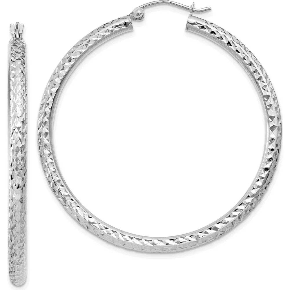 10K White Gold Diamond-Cut 3mm Round Hoop Earrings - 40mm Length by Oro Pregiato