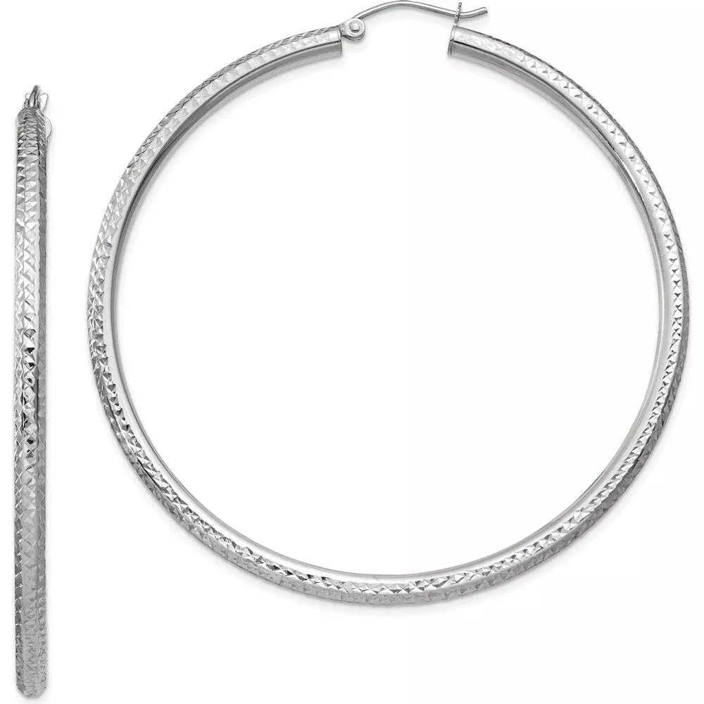 10K White Gold Diamond-Cut 3mm Round Hoop Earrings - 60mm Length by Oro Pregiato